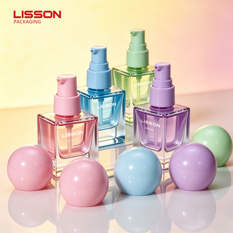 Cosmetic Serum Square Glass Bottles with Pump and Ball Cap