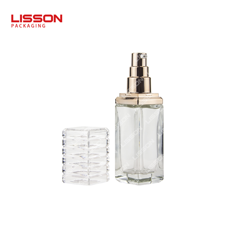 40ml Square Clear Glass Serum Dispenser with Gold Actuator and Fluted PMMA Cap
